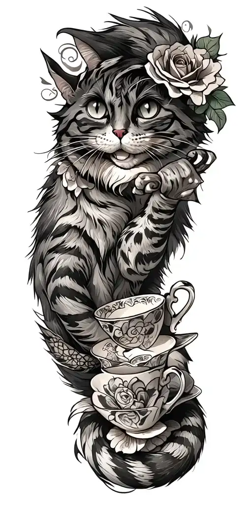 Cheshire Cat With Tail Intertwined With Tea Cup And Rose
