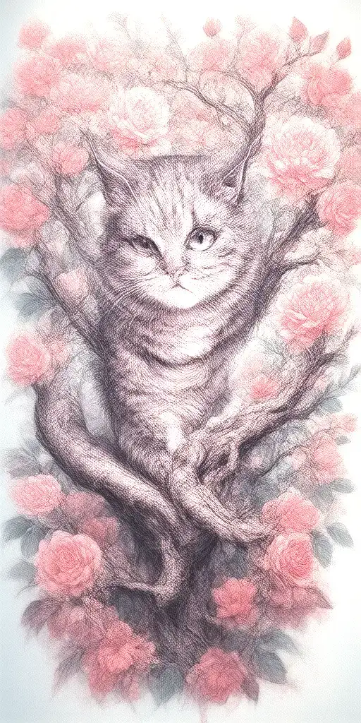 Crooked Looking Tree Wich Gnarled Branches With A Cheshire Cat On A Branch Among Roses
