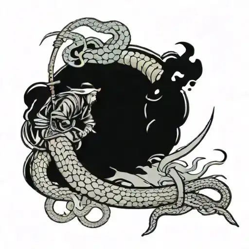 Dying Samurai Slaying A Giant Snake