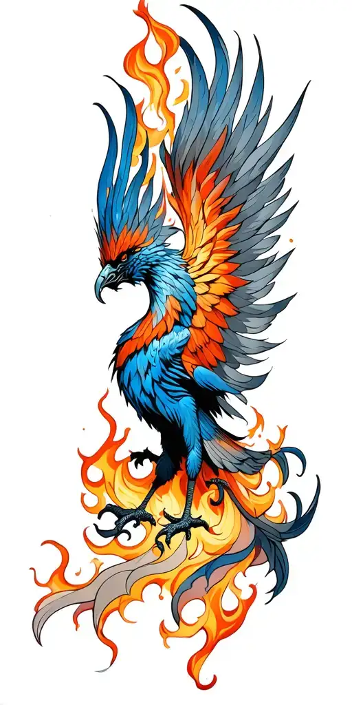 Blue Phoenix Rising From Flames Surrounding