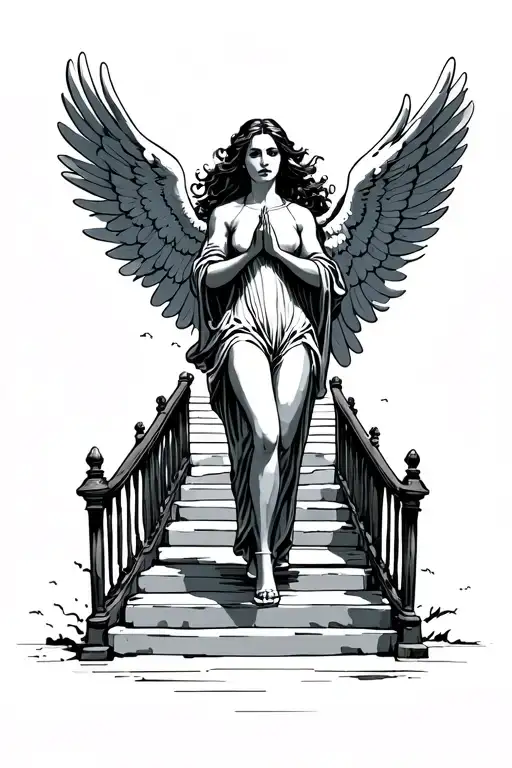 Cinematic Stairway To Heaven Woman Walking Angels Clapping Serene Leaving Earth Walking Into Heaven