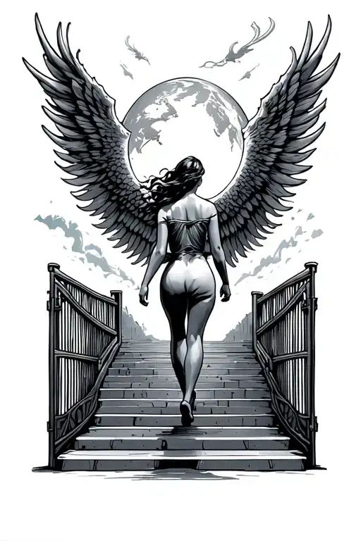 Cinematic Gates Stairway To Heaven Woman Walking Serene Leaving Earth Walking Into Heaven