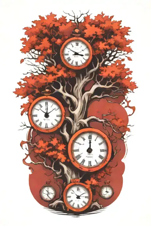 Oak Tree Branches With Three Clocks Integrated Into It For An Arm Sleeve