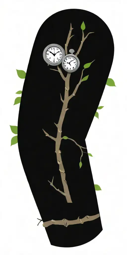 Birch Tree Branches And Green Leaves With Three Clocks Integrated Into It For An Arm Sleeve