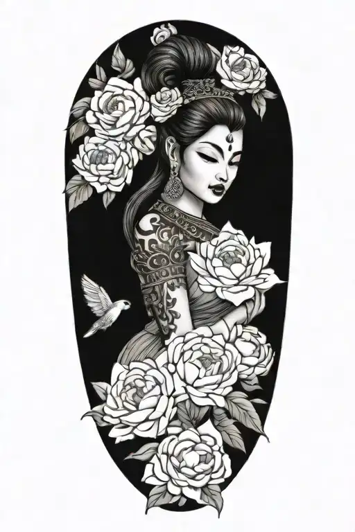 Cambodia Apsara With Peonies And Roses