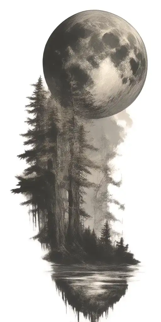 Massive Forest Landscape With Huge Moon In The Background