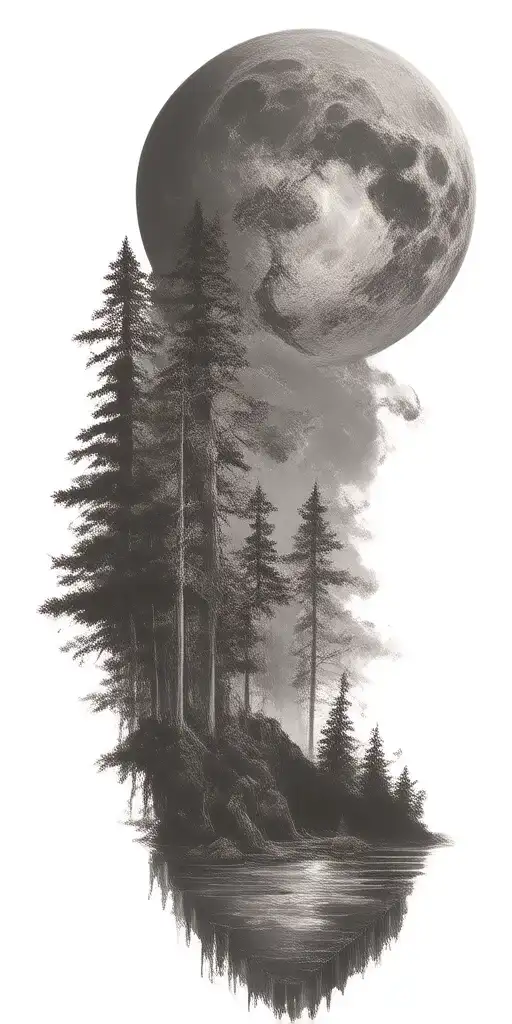 Massive Forest Landscape With Huge Moon In The Background With A Dragon