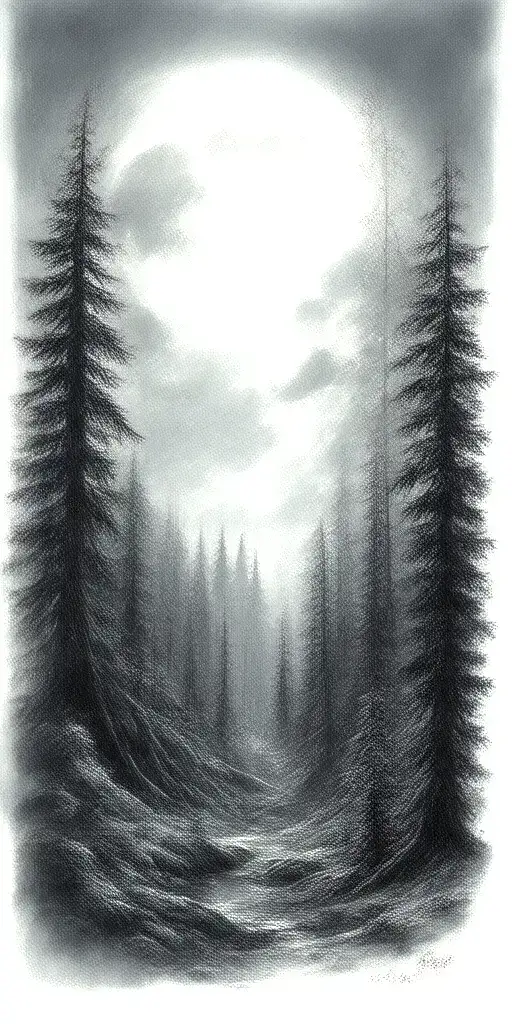 Massive Forest Landscape With Huge Moon In The Background