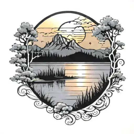 Sunset Over A Lake Scene