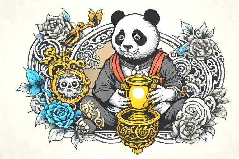 A Neotraditional Panda Like Buda With Hourglass In His Hands