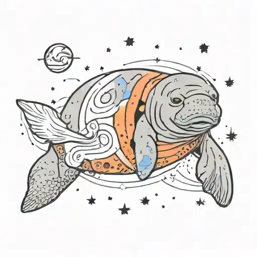 A Manatee Floating In Space Surrounded By Stars And Planets