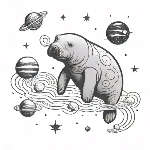 A Manatee Floating In Space Surrounded By Stars And Planets
