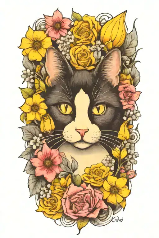 A Tuxedo Cat Surrounded By Flowers Coming