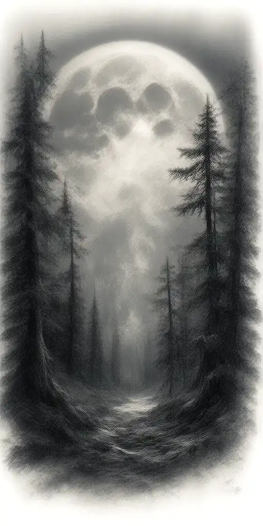 Massive Forest Landscape With Huge Moon In The Background