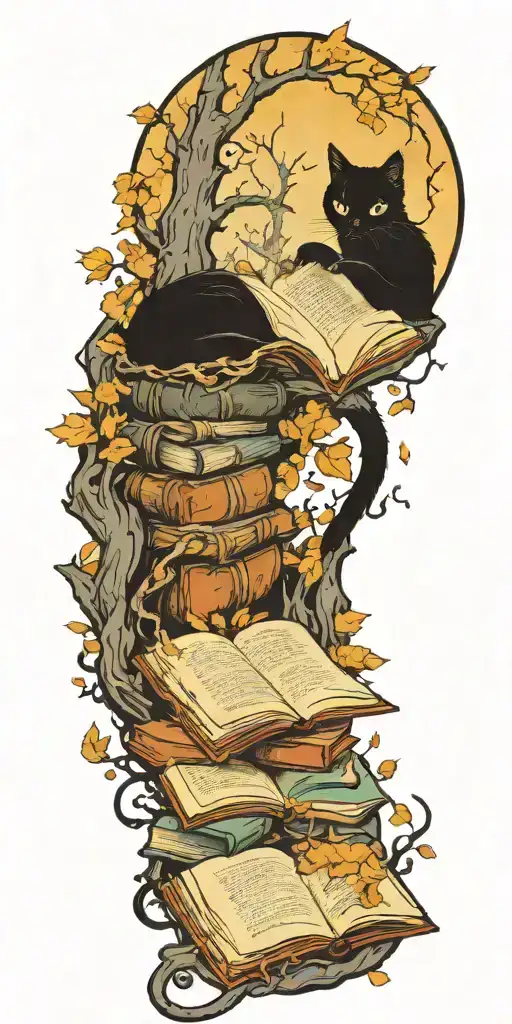 A Spooky Black Cat Reading A Book Under A Haunted Tree
