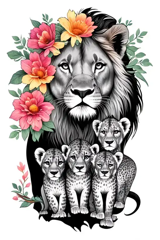 Lioness With 4 Cubs And Flowers