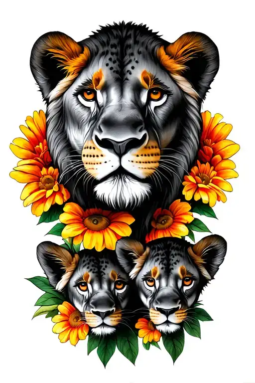 Lioness With 2 Cubs And Flowers