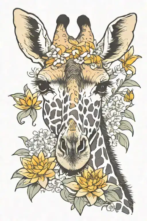Giraffe With Water Lily And Larkspur Flower Blooming