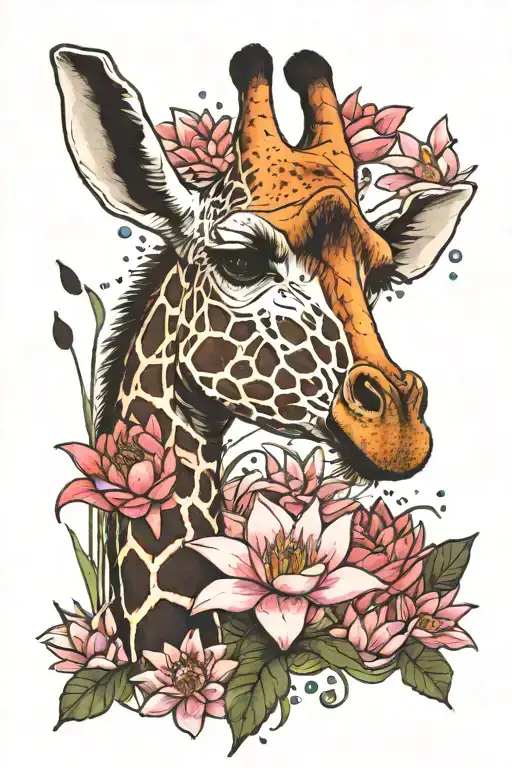 Giraffe With Water Lily And Larkspur