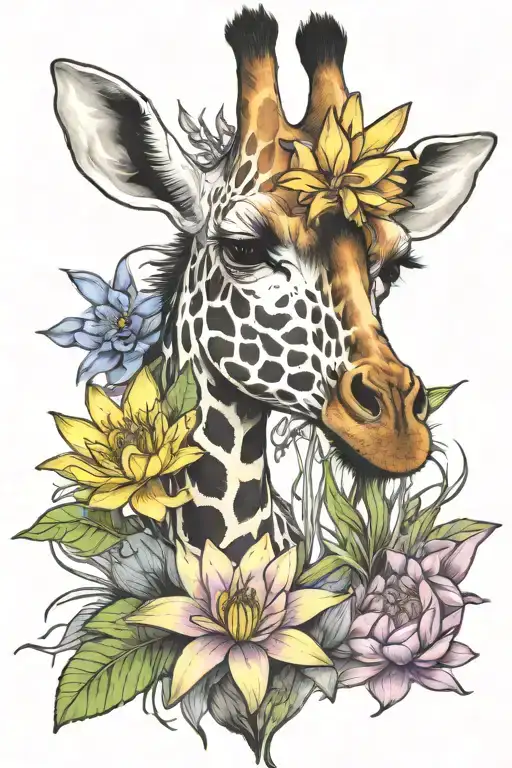 Giraffe With Water Lily And Larkspur