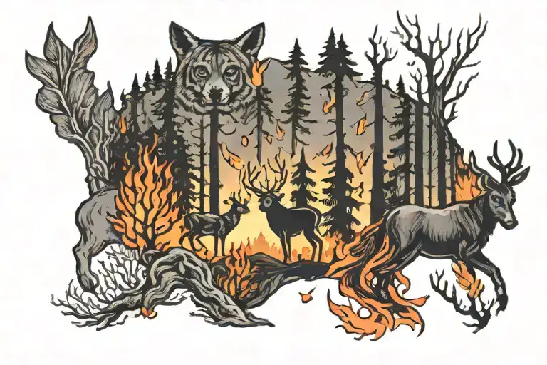 Forest On Fire With Animals Running Out