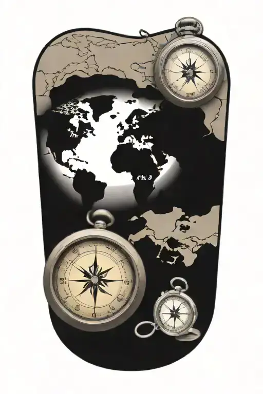 Compass And Pocket Watch Surrounded By Map Outline
