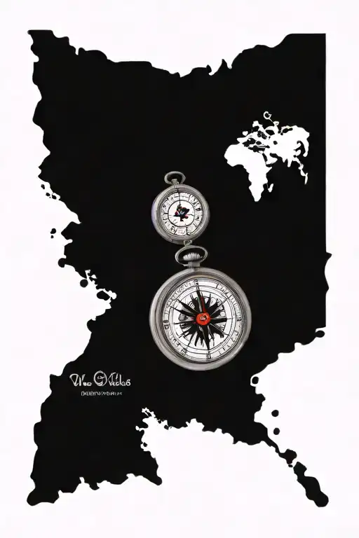 Compass And Pocket Watch Surrounded By Map Outline