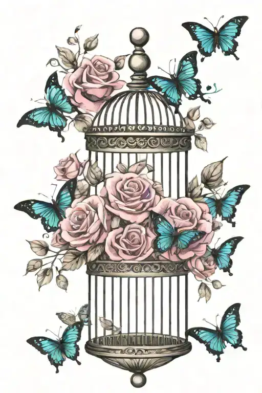 Birdcage With Teal Butterflies Flying Out Surrounded By Dark Pink Roses
