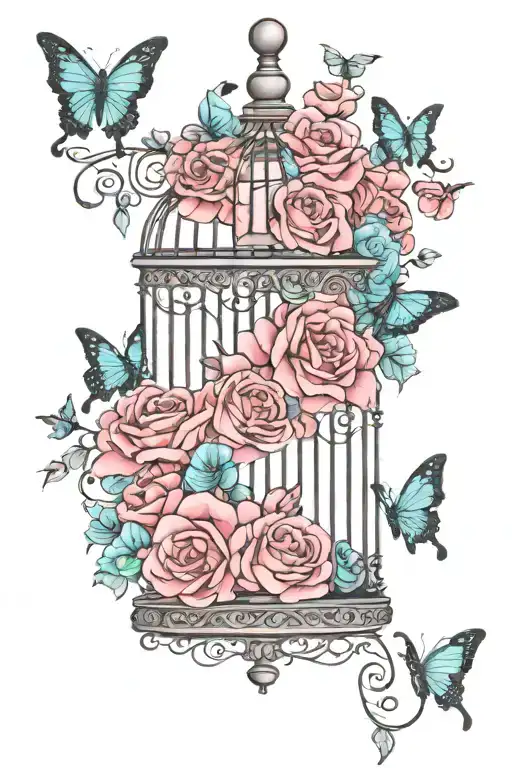 Birdcage With Teal Butterflies Flying Out Of Open Door Surrounded By Dark Pink Roses