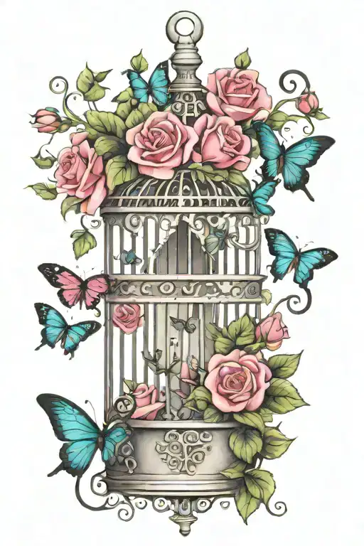 Birdcage With Teal Butterflies Flying Out Of Open Door Surrounded By 3 Dark Pink Roses And Ivy