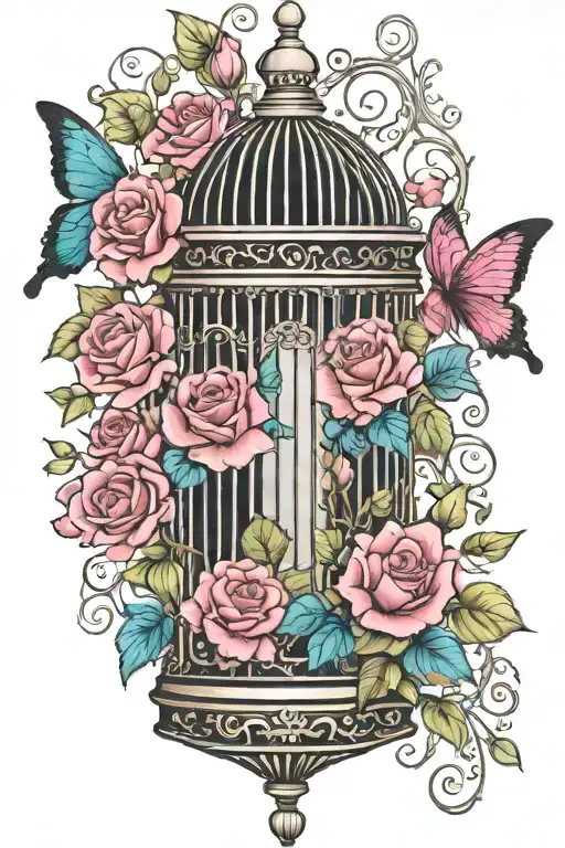 Birdcage With Teal Butterflies Flying Out Of Open Cage Door Surrounded By 3 Dark Pink Roses And Ivy