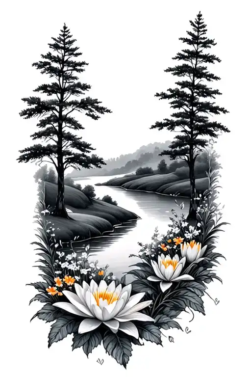 Golf Course Landscape Rolling Hills Flowers Pine Trees Water Lily Larkspur Lace