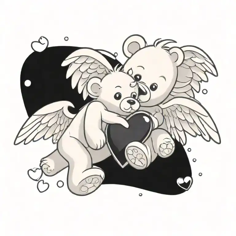 Simple Tattoo Design Of A Teddy Bear With Angel Wings And A Gem Heart