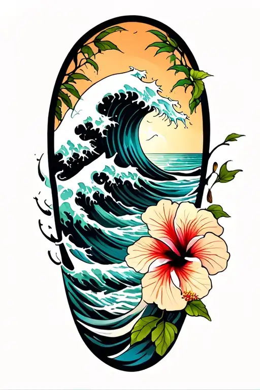 Waves Crashing On The Beach With Small Hibiscus Vine On Right Side