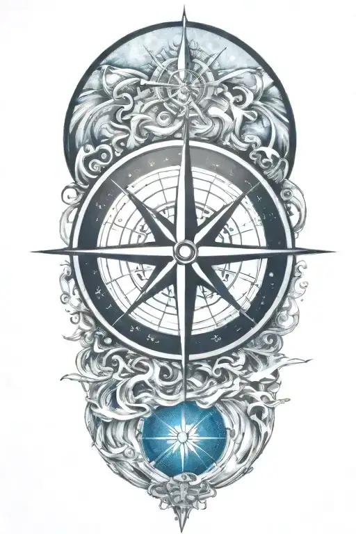 A Detailed Compass Rose Surrounded By Flowing Water And Sun Rays Representing Guidance And Strength