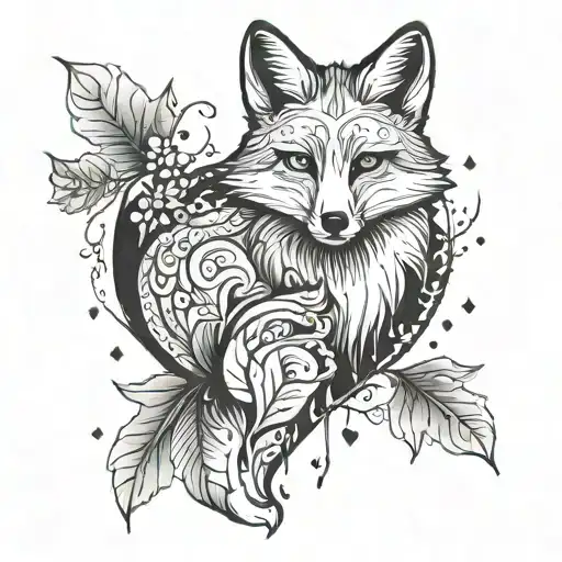 Fox With Cute Hearts And Leaves Falling
