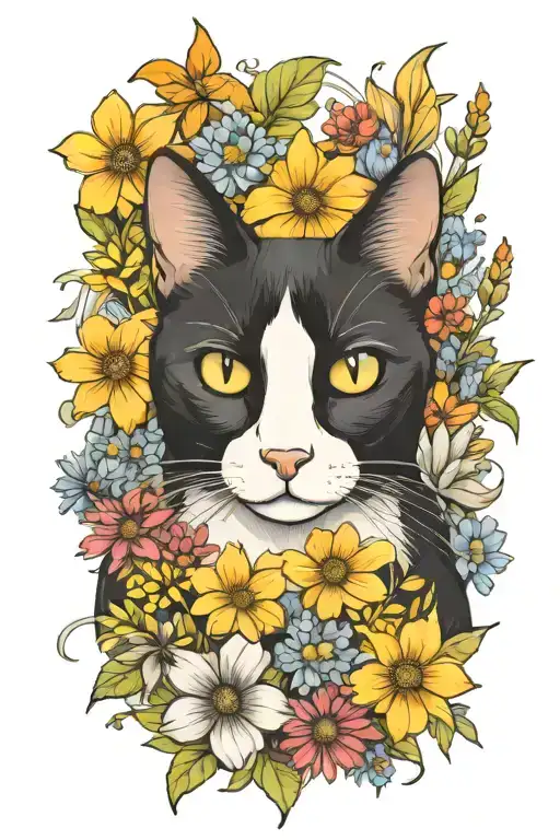 A Tuxedo Cat Surrounded By Wildflowers