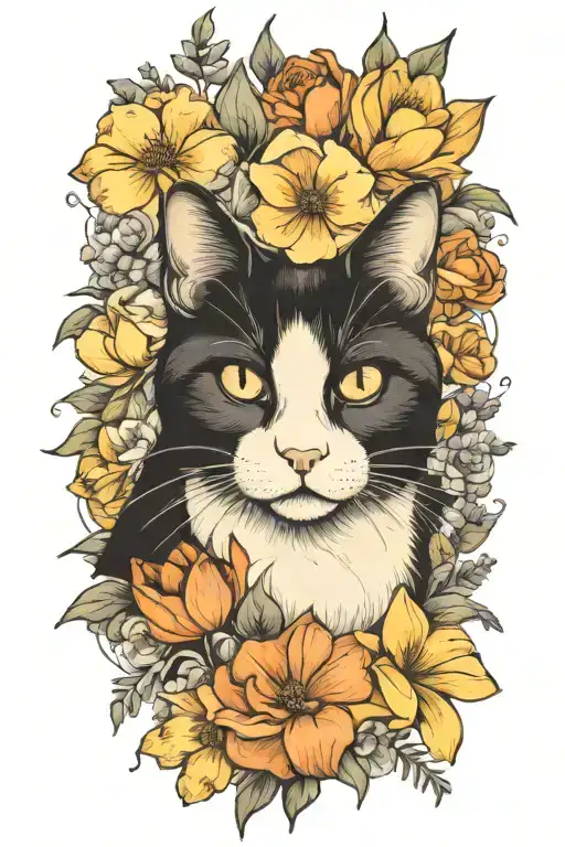 A Tuxedo Cat Surrounded By Beautiful Flowers
