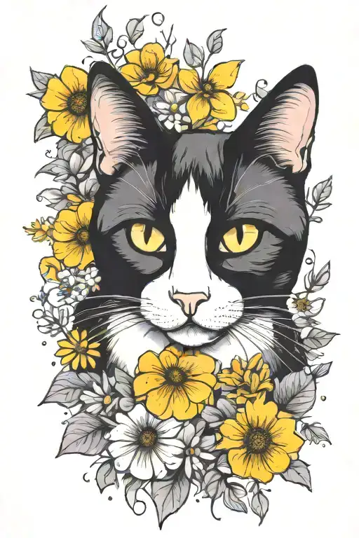 A Whimsical Tuxedo Cat Surrounded By Wildflowers