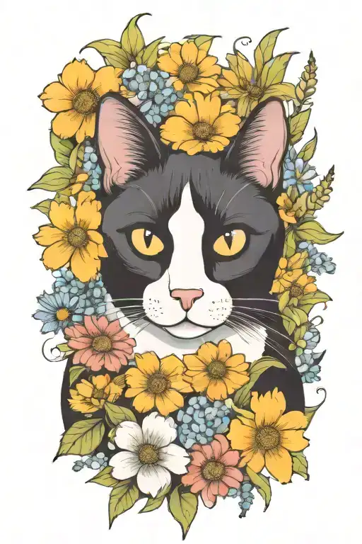 A Whimsical Tuxedo Cat Surrounded By Wildflowers