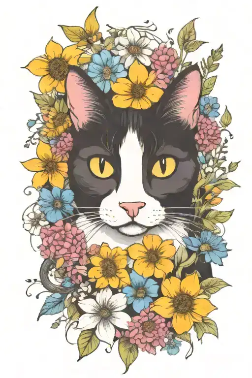 A Whimsical Black And White Cat Surrounded By Wildflowers