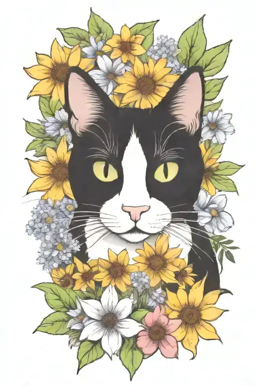 A Whimsical Black And White Cat Exploring A Field Of Wildflowers