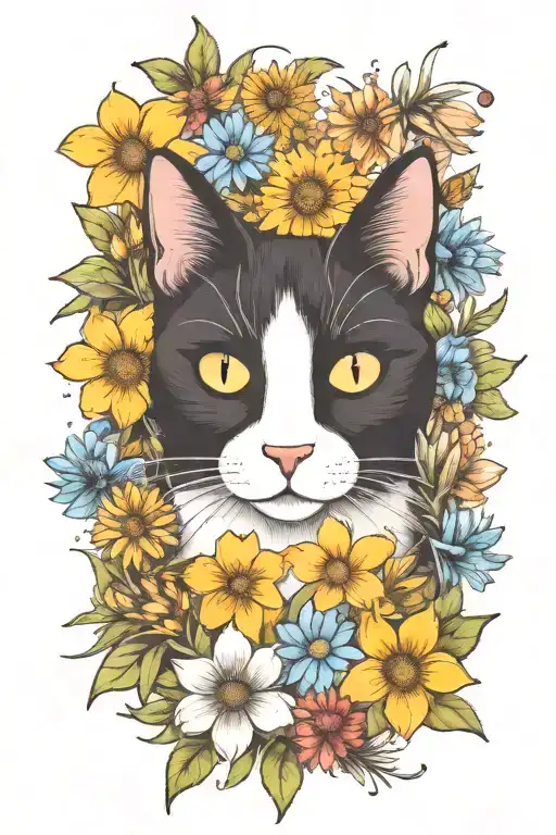 A Whimsical Black And White Cat Exploring A Field Of Wildflowers