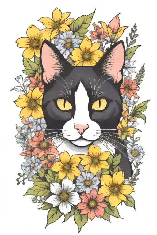 A Black And White Cat Exploring A Field Of Wildflowers