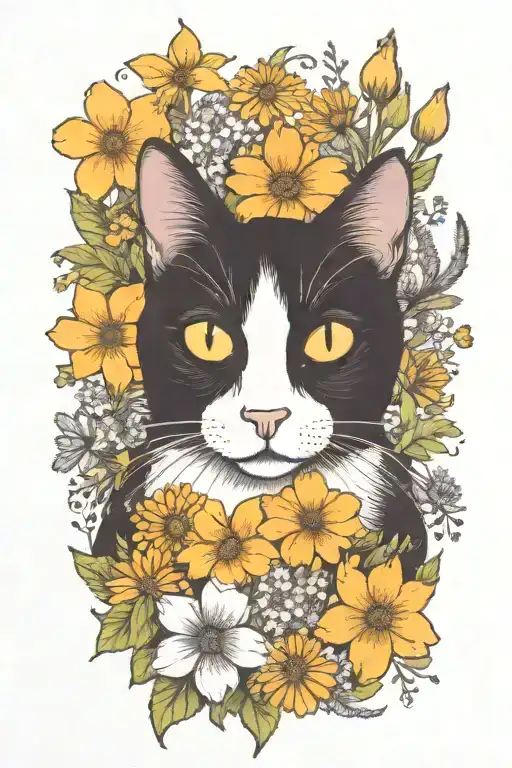 A Black And White Cat Exploring A Field Of Wildflowers