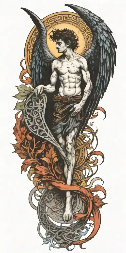 Skinny Lucifer Franz Von Stuck With Wings Surrounded By Blue Celtic Leaves