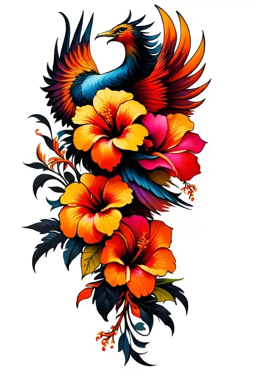 Psychedelic Hibiscus Flowers And Phoenix