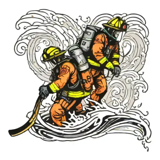 A Powerful Image Of A Firefighter And Navy Diver Working Together To Rescue People In Distress