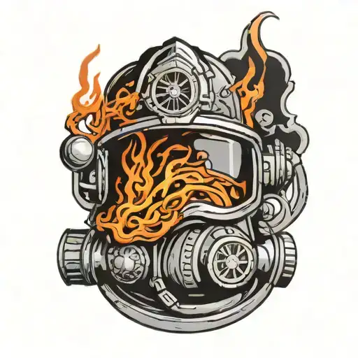 Firefighter Helmet Engulfed In Flames With A Navy Deep Sea Diver Helmet Integrated Into The Design