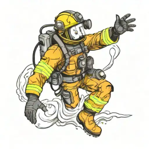 Create A Tattoo Of A Firefighter Reaching His Hand Out To Grab The Hand Of A Navy Deep Sea Diver